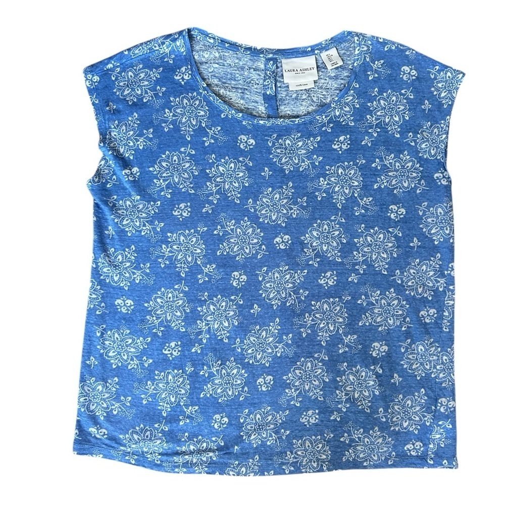 Laura Ashley 100% linen blue and white floral top size L - Picture 3 of 10